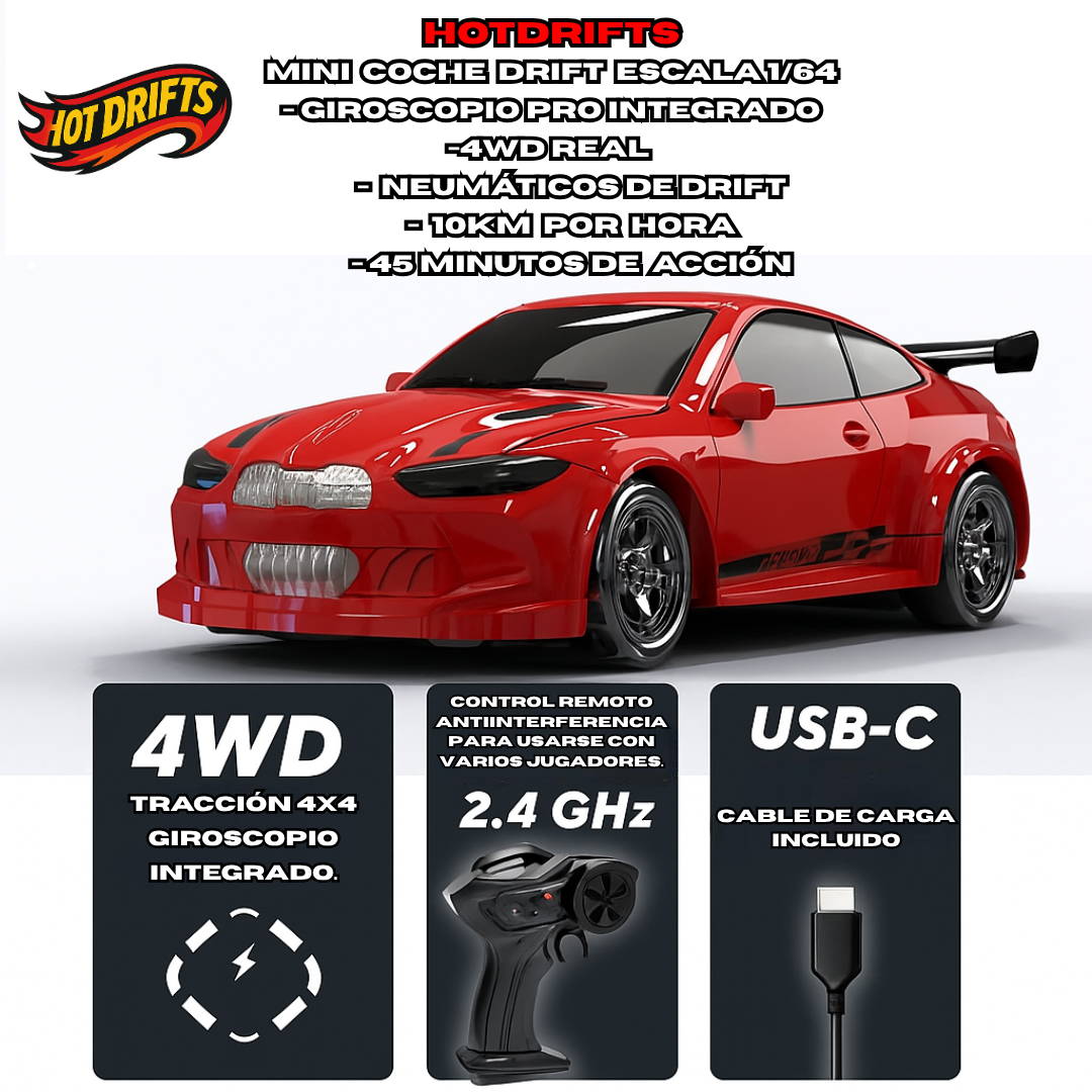HotDrift™ Mini Coche RC 1/64 4WD con Luces LED