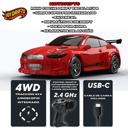 HotDrift™ Mini Coche RC 1/64 4WD con Luces LED