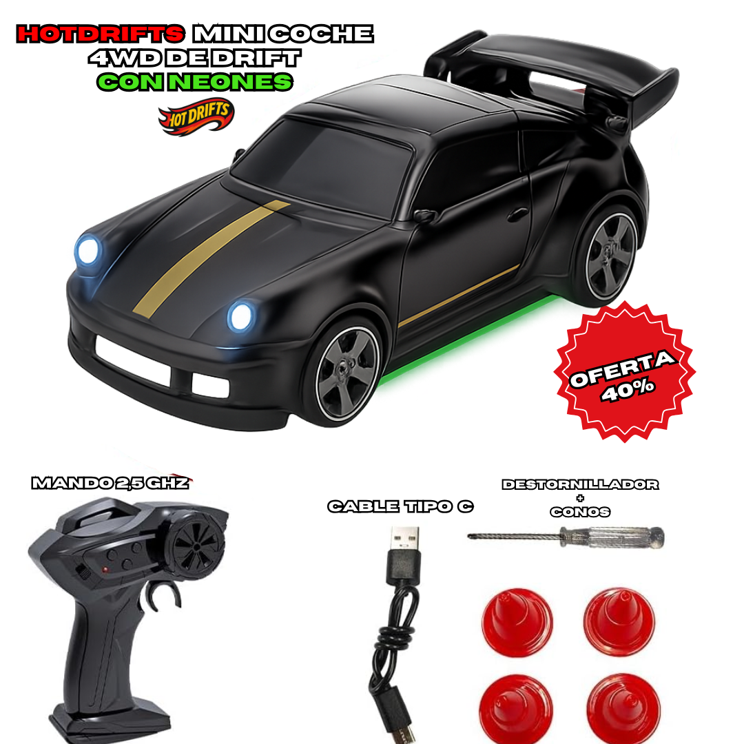 HotDrift™Neon Mini Coche RC 1/64 4WD con Luces LED