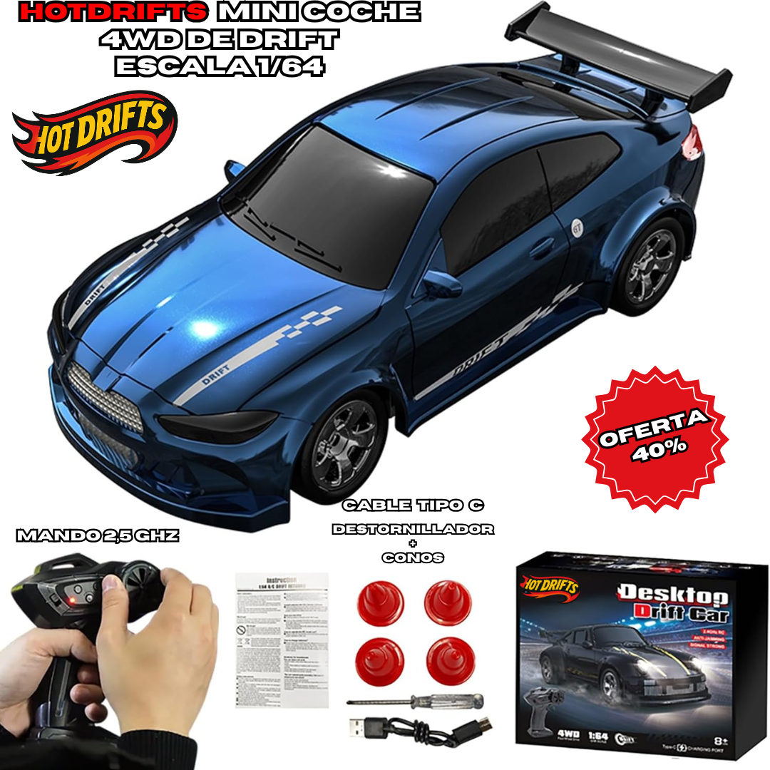 HotDrift™ Mini Coche RC 1/64 4WD con Luces LED
