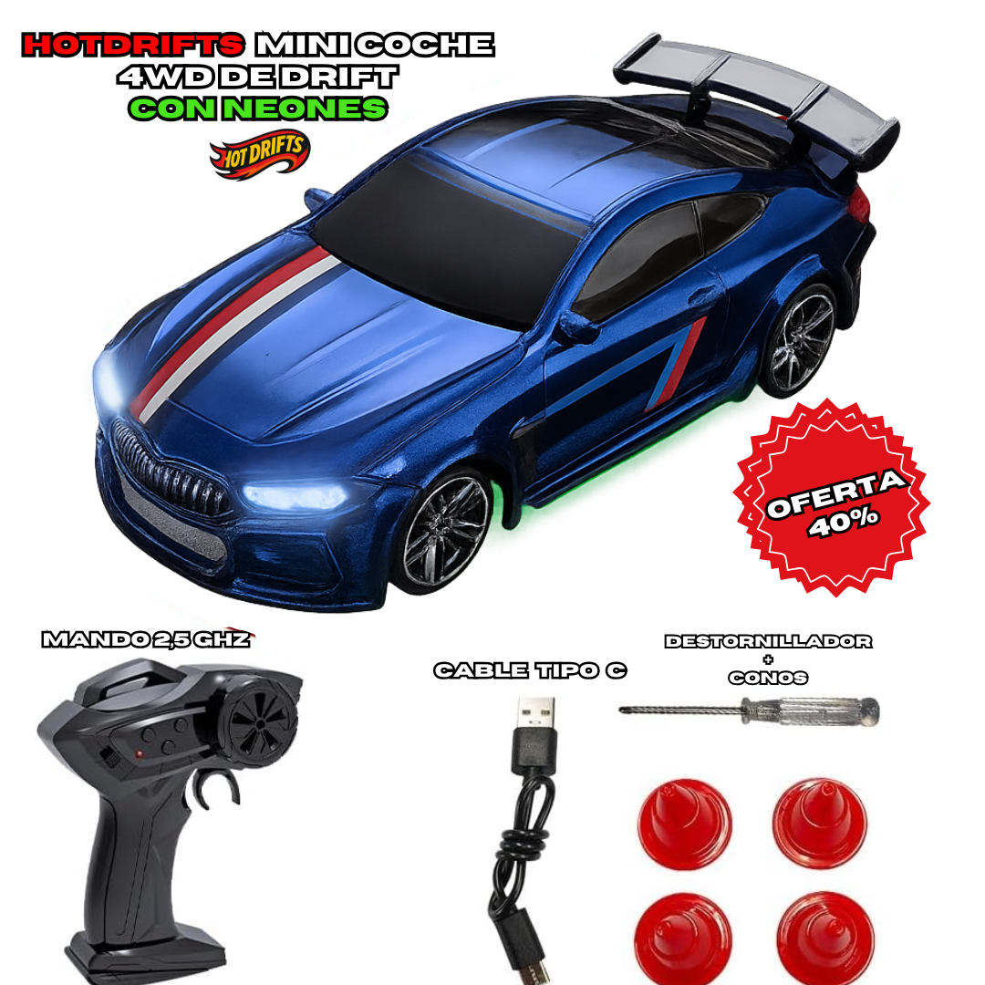 HotDrift™Neon Mini Coche RC 1/64 4WD con Luces LED